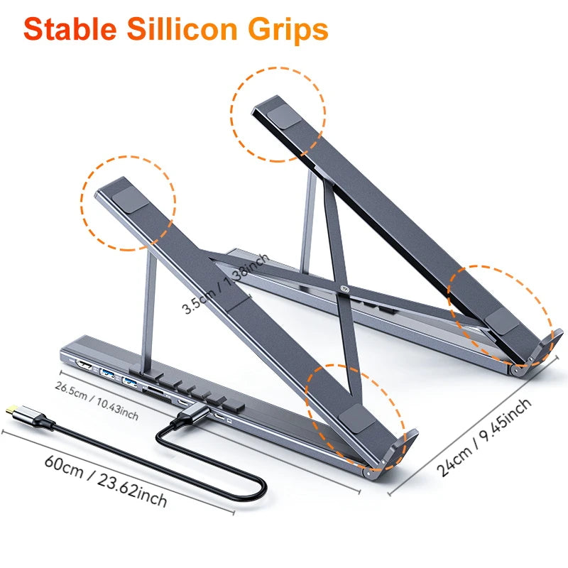 USB C Laptop Stand Docking Station with 7-In-1 HUB USB3.0 4K HDMI SD TF Card Reader Aluminium Adjustable Bracket for PC Notebook