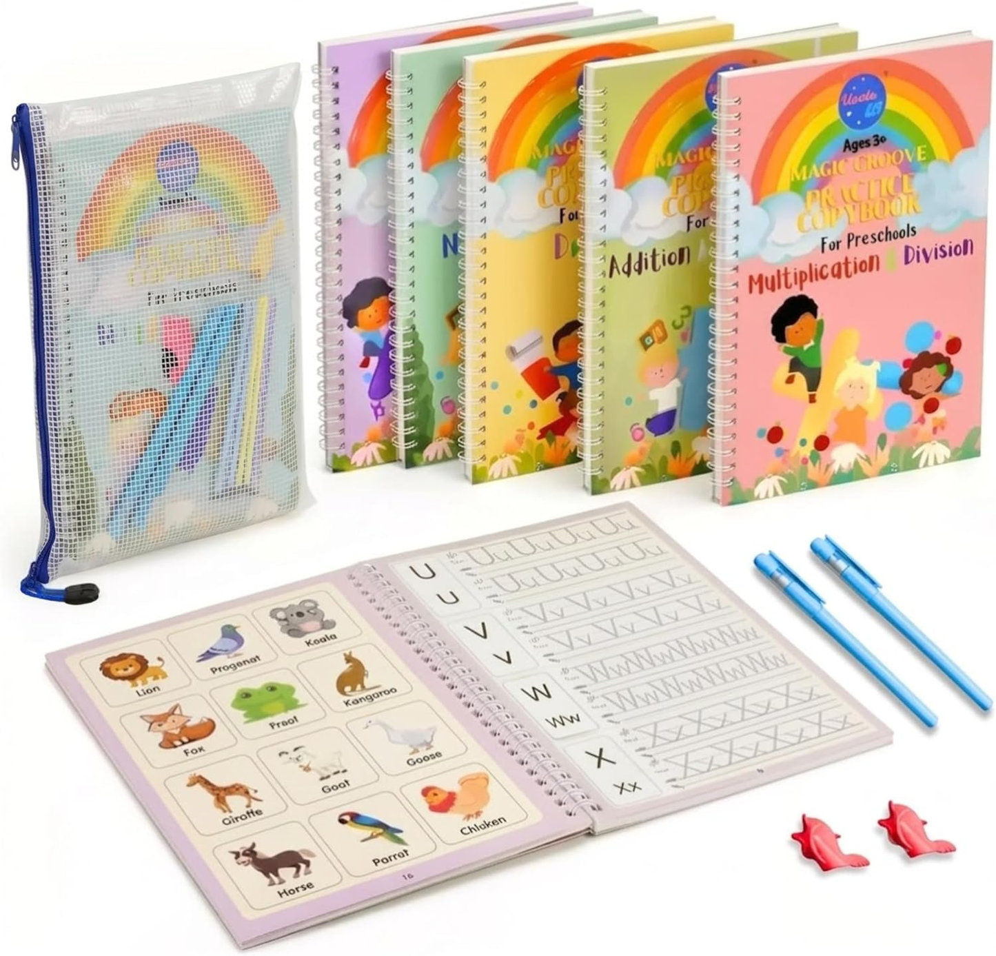 Magic Trace Learning Kit for Kids Ages 3-8 | Reusable Handwriting Workbook Set with Disappearing Ink Pens, Grooved Tracing Books, Math & Drawing Activities