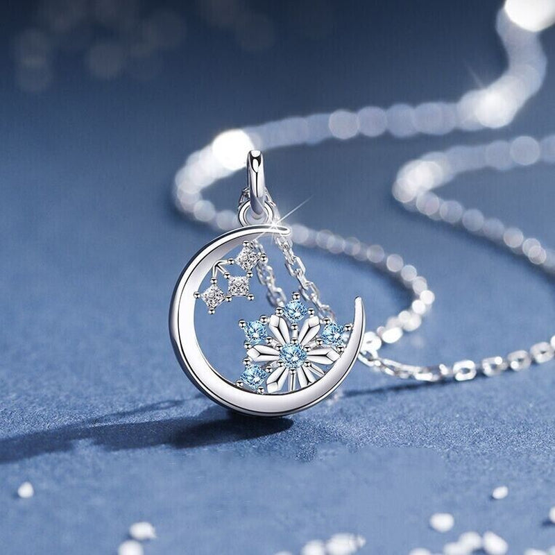 925 Silver Crystal Snowflake Moon Necklace