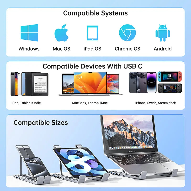 USB C Laptop Stand Docking Station with 7-In-1 HUB USB3.0 4K HDMI SD TF Card Reader Aluminium Adjustable Bracket for PC Notebook