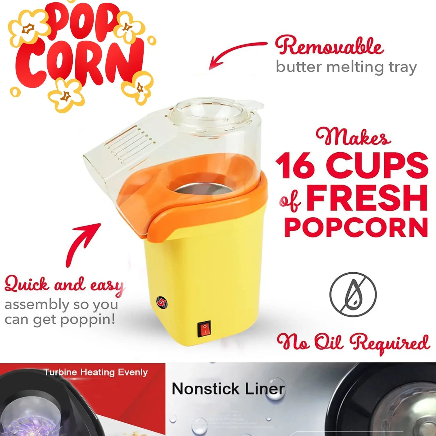 5Core 16-Cup Hot Air Popcorn Maker (Yellow)