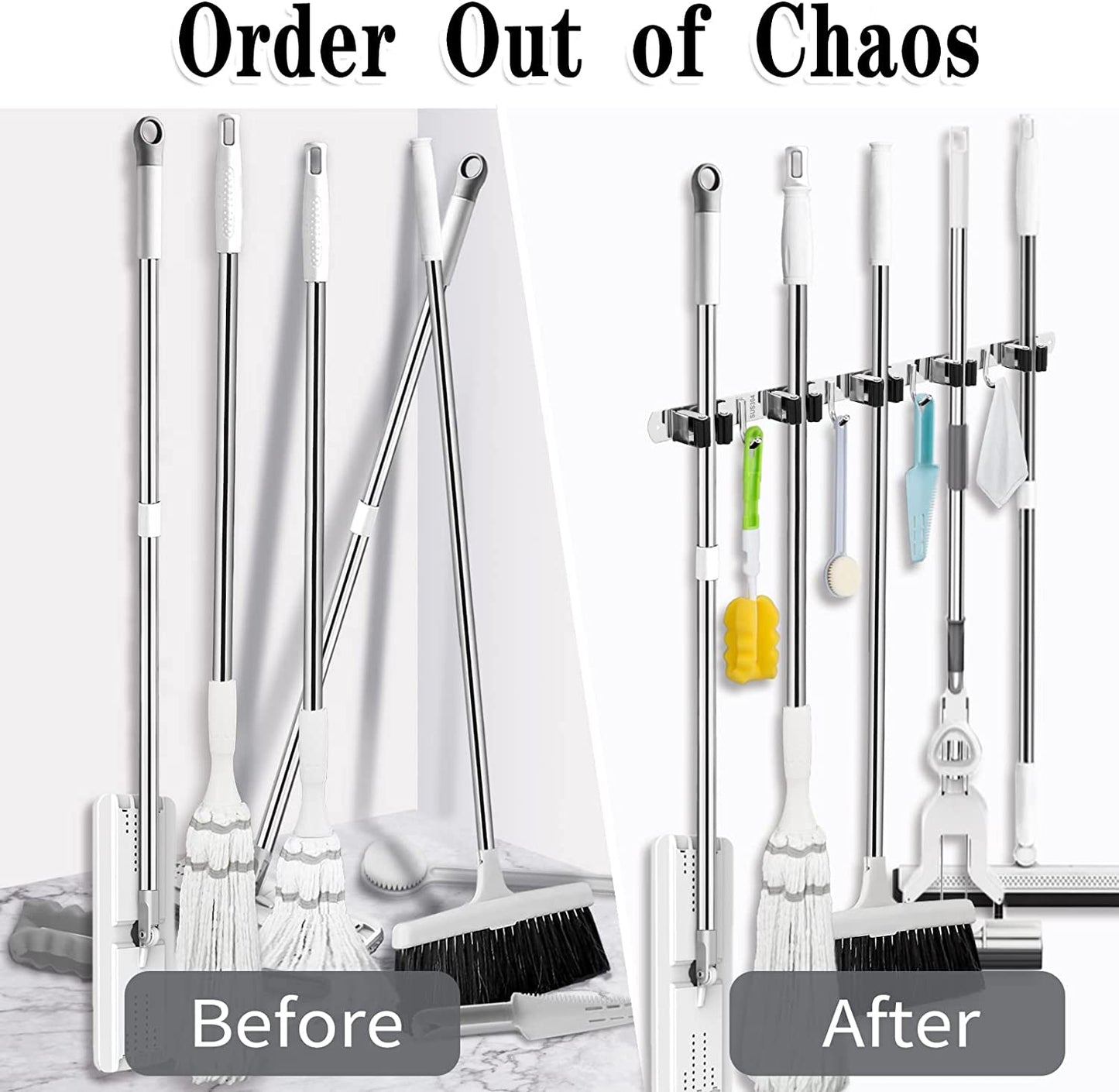 5-Holder Wall-Mounted Broom & Mop Organizer