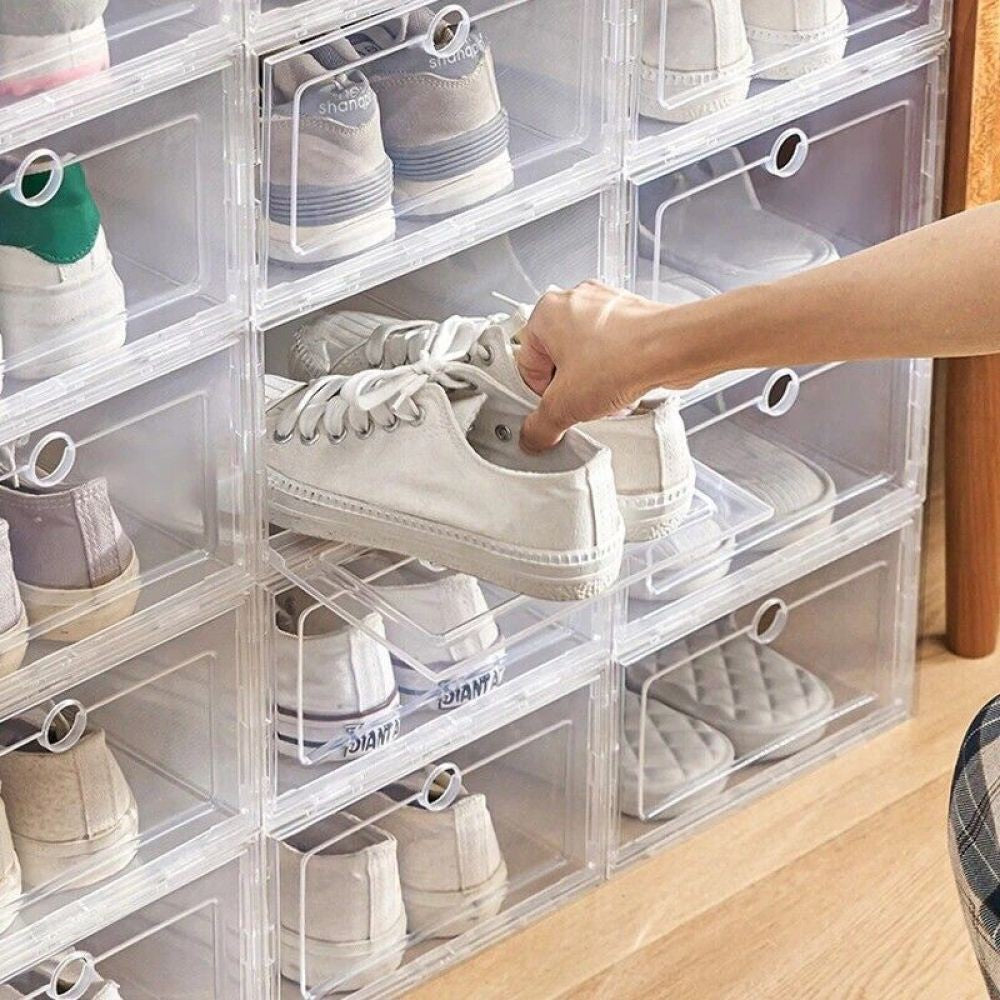 12X White Plastic Shoe Storage Boxes Drawer Stackable Foldable Durable Organiser