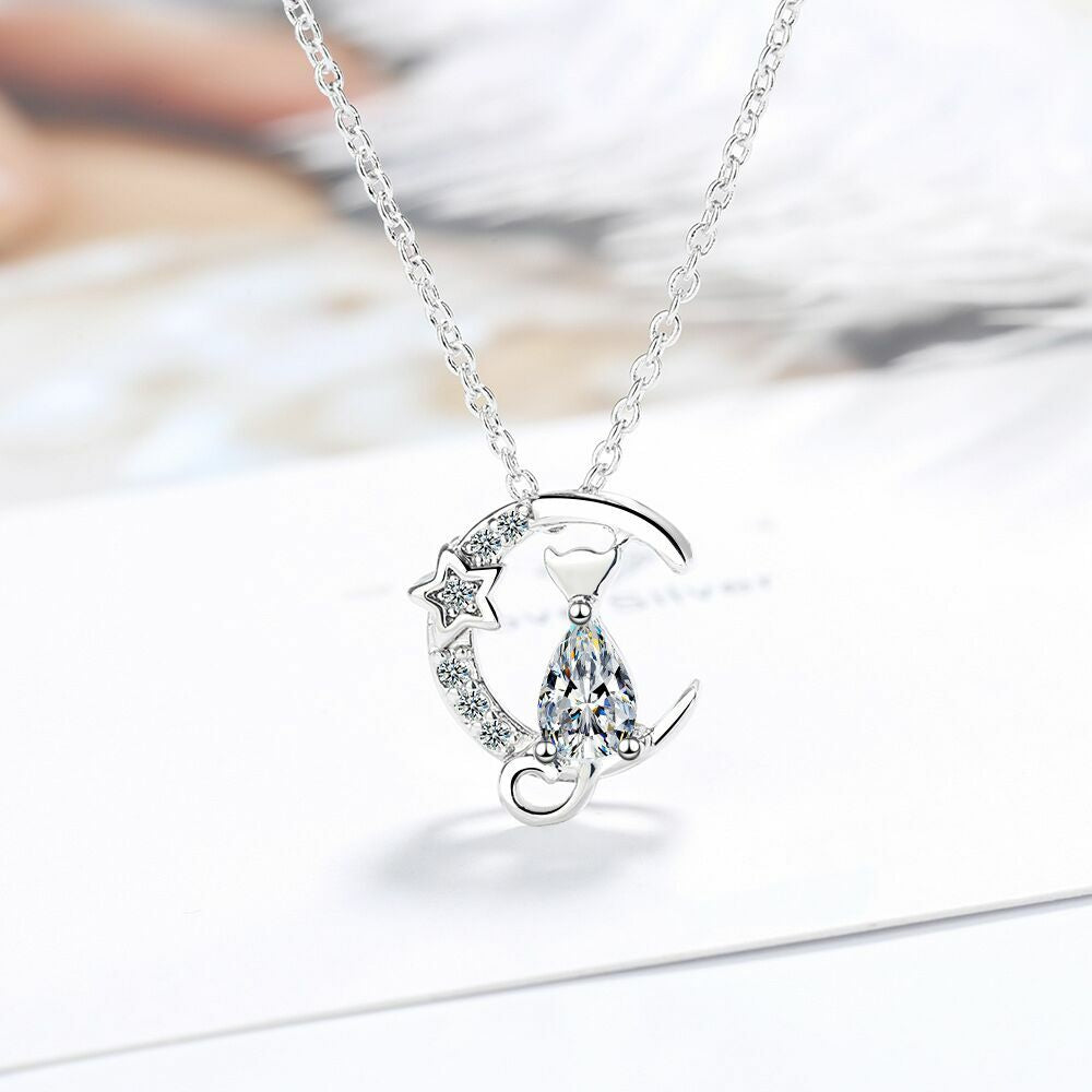 925 Silver Crystal Moon Cat Necklace