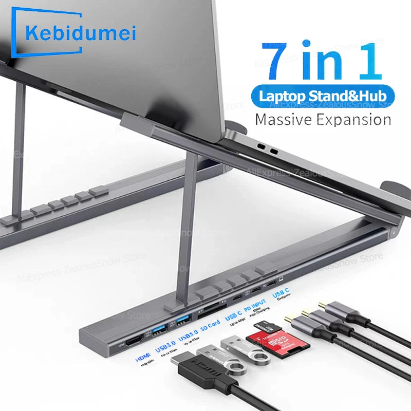 USB C Laptop Stand Docking Station with 7-In-1 HUB USB3.0 4K HDMI SD TF Card Reader Aluminium Adjustable Bracket for PC Notebook