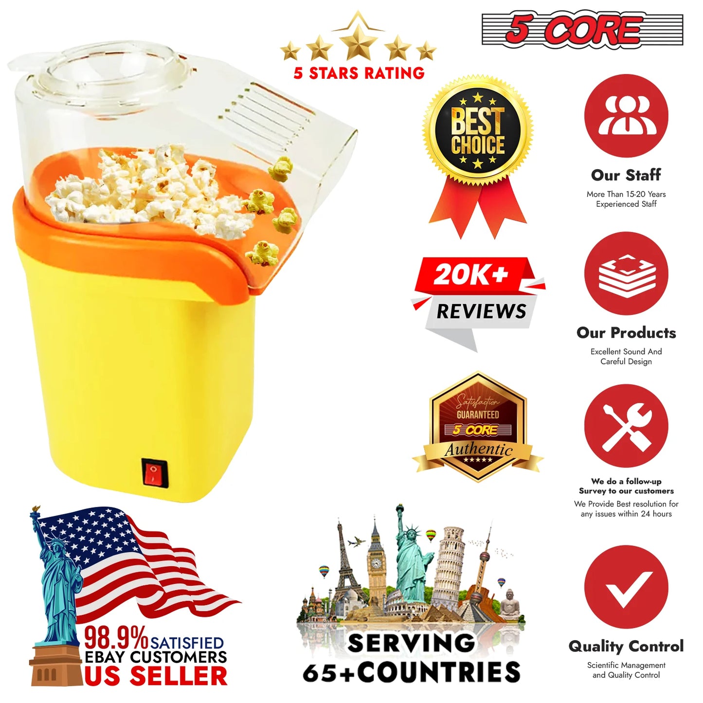 5Core 16-Cup Hot Air Popcorn Maker (Yellow)