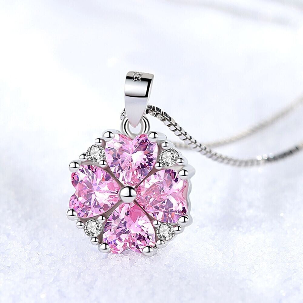 925 Silver Pink Crystal Heart Necklace