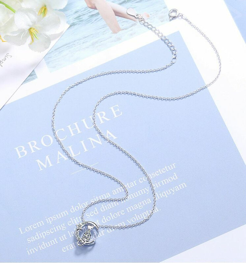 925 Silver Crystal Moon Cat Necklace