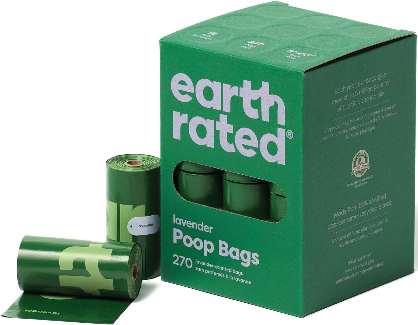 Dog Poo Bags - 270 Lavender Scented Refill Rolls - Extra Thick & Guaranteed Leak-Proof - Made from 65% Recycled Plastic