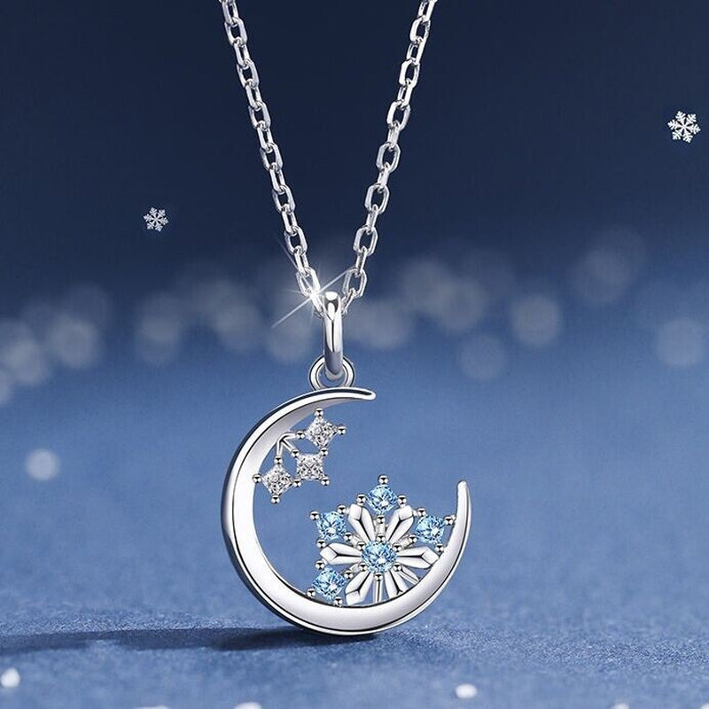 925 Silver Crystal Snowflake Moon Necklace