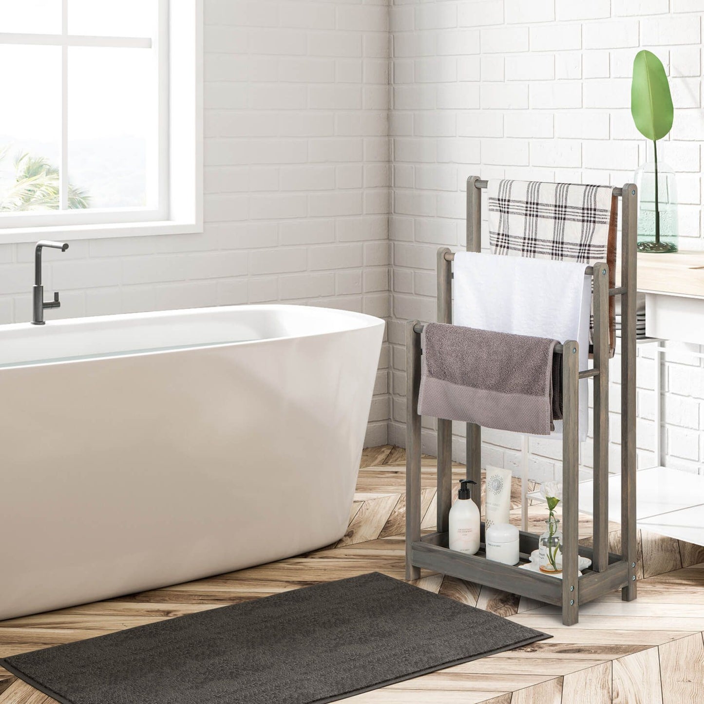 Freestanding Wood Towel Rack with Shelf