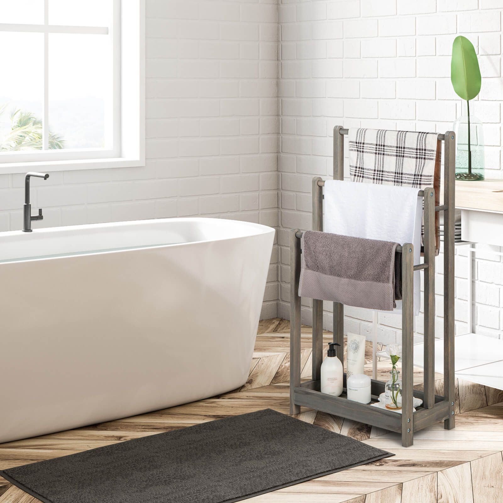 Freestanding Wood Towel Rack with Shelf