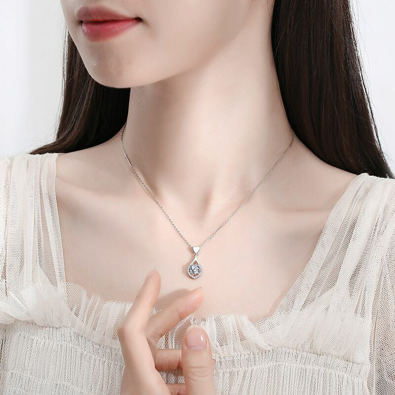925 Silver Crystal Water Drop Heart Necklace