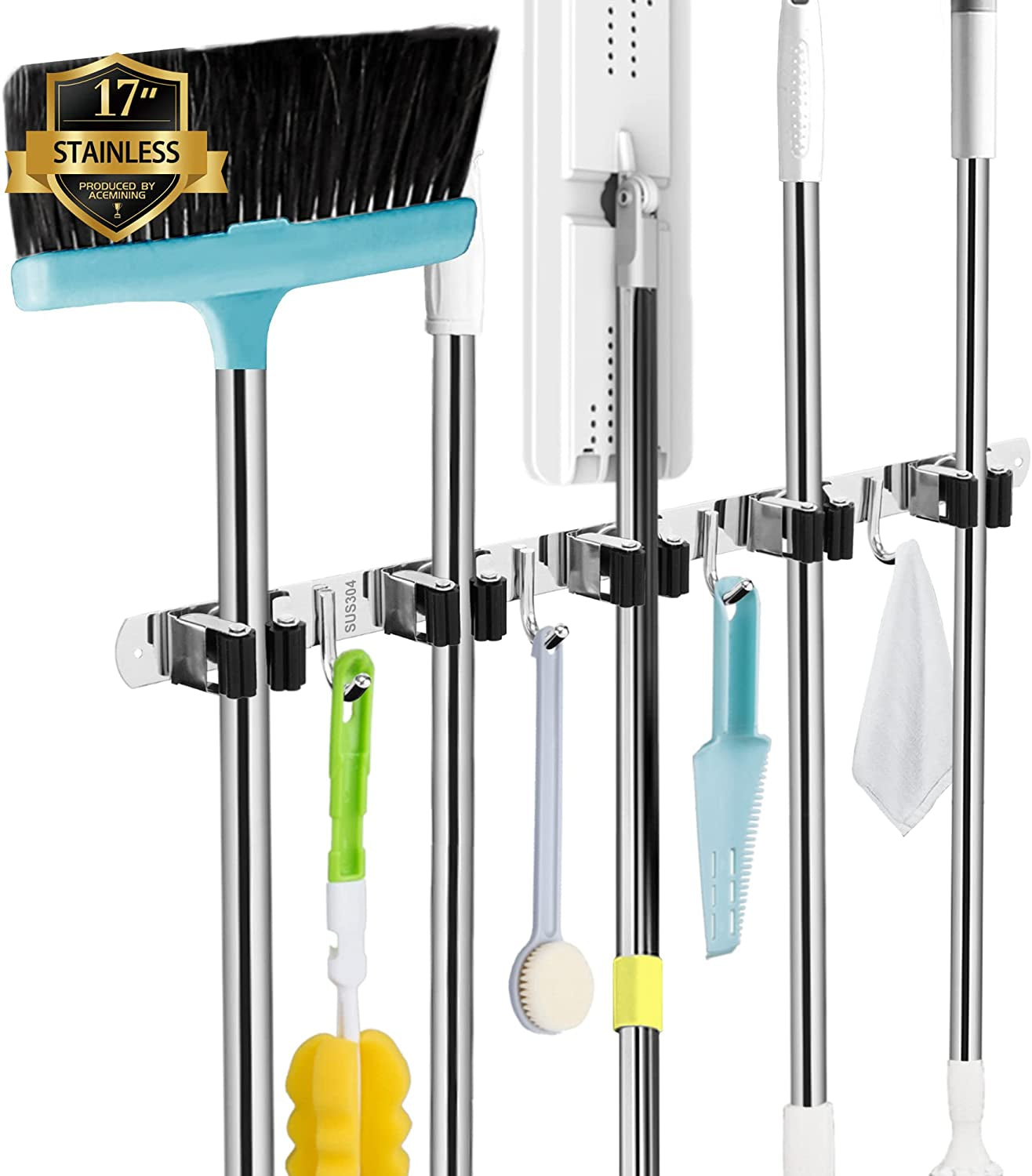 5-Holder Wall-Mounted Broom & Mop Organizer