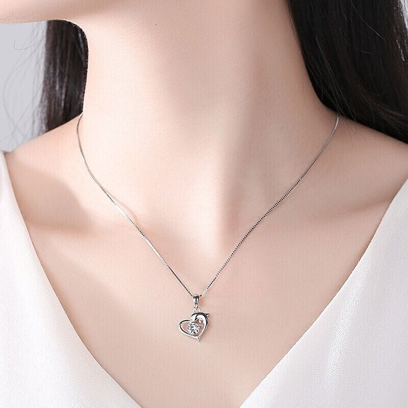 925 Silver Crystal Dolphin Heart Necklace