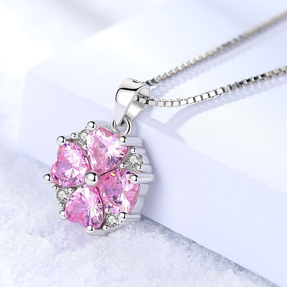 925 Silver Pink Crystal Heart Necklace
