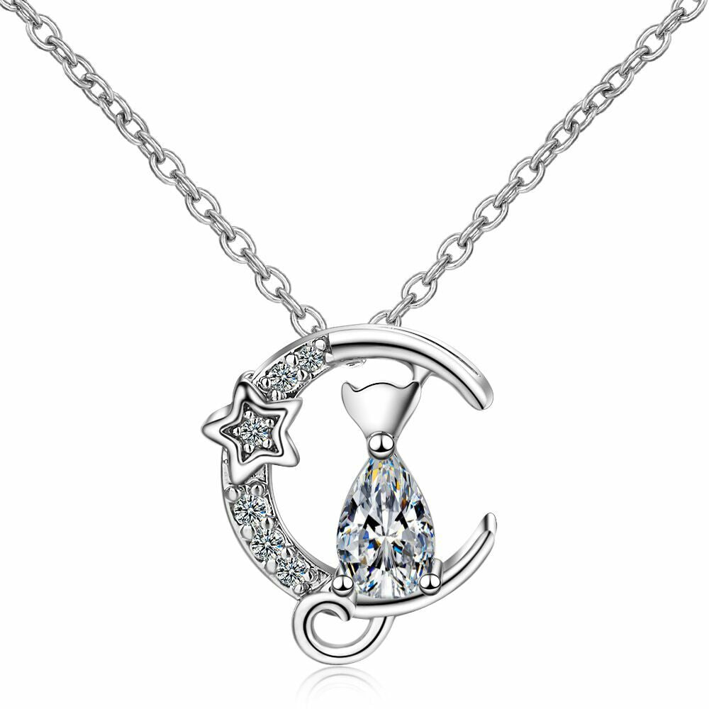 925 Silver Crystal Moon Cat Necklace