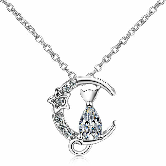 925 Silver Crystal Moon Cat Necklace