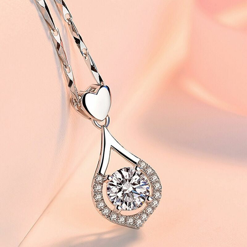 925 Silver Crystal Water Drop Heart Necklace