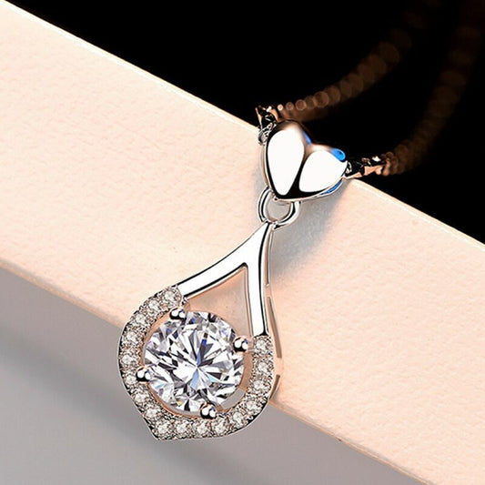 925 Silver Crystal Water Drop Heart Necklace
