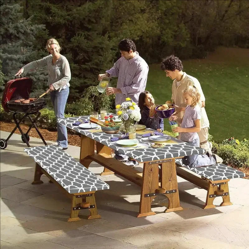 Rectangle Camping Picnic Table Cover + Benches 3-Pc Set, Backing Elastic Waterproof Wipeable Checkered Tablecloth