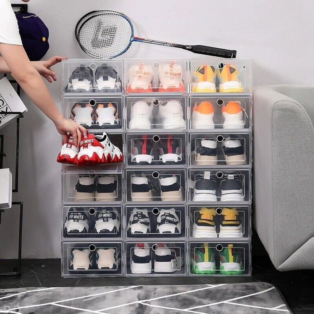 12X White Plastic Shoe Storage Boxes Drawer Stackable Foldable Durable Organiser