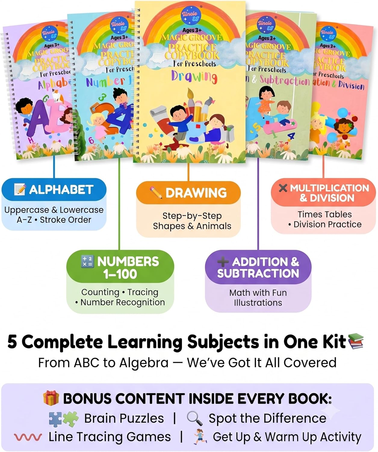 Magic Trace Learning Kit for Kids Ages 3-8 | Reusable Handwriting Workbook Set with Disappearing Ink Pens, Grooved Tracing Books, Math & Drawing Activities