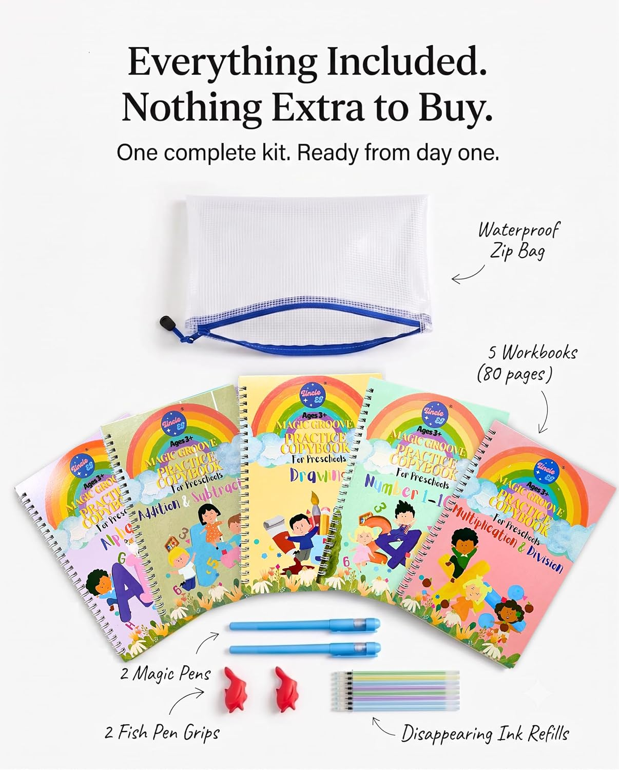 Magic Trace Learning Kit for Kids Ages 3-8 | Reusable Handwriting Workbook Set with Disappearing Ink Pens, Grooved Tracing Books, Math & Drawing Activities