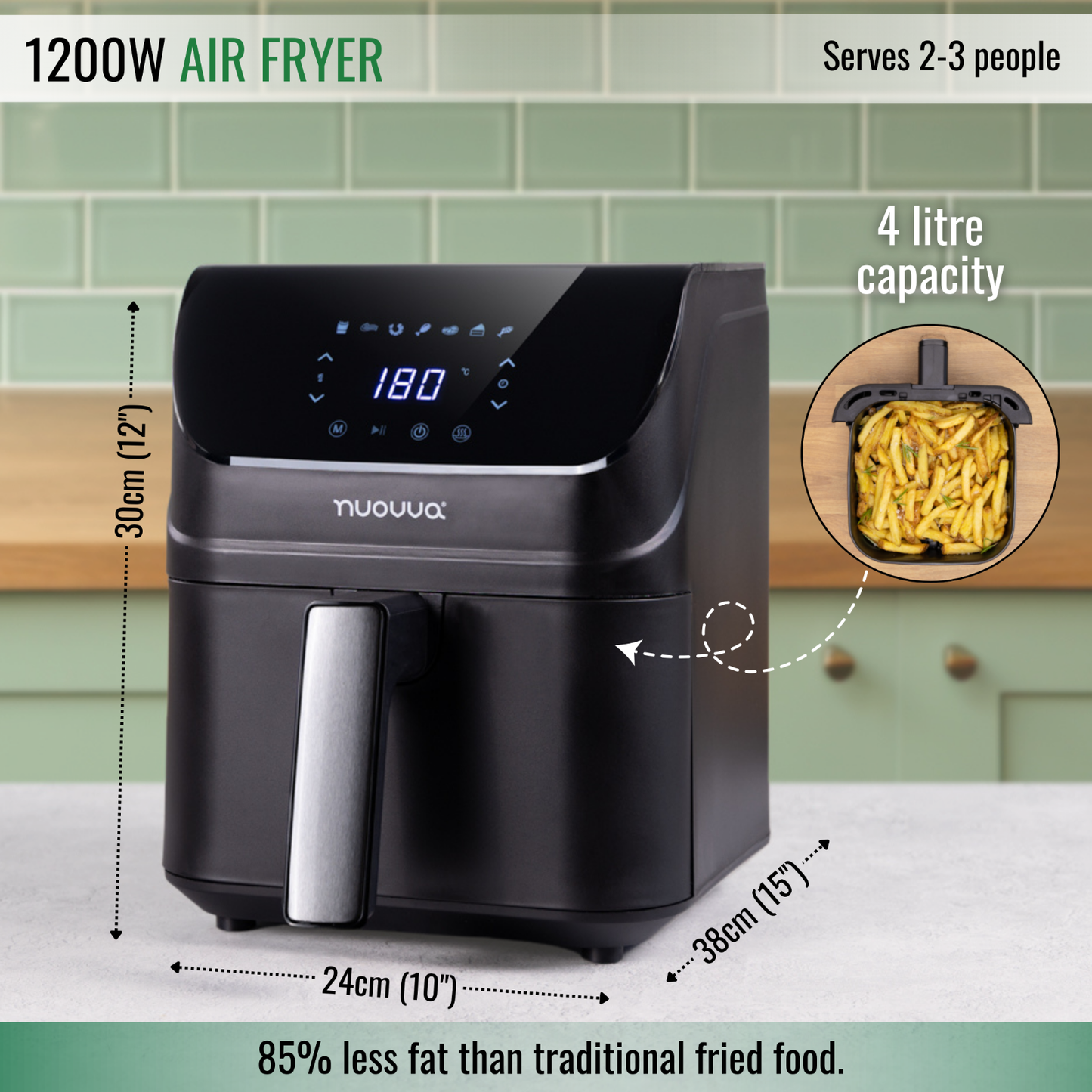 4L Dual Compartment Air Fryer Oven, 10 Presets, 1350W, Touchscreen - by Nuovva