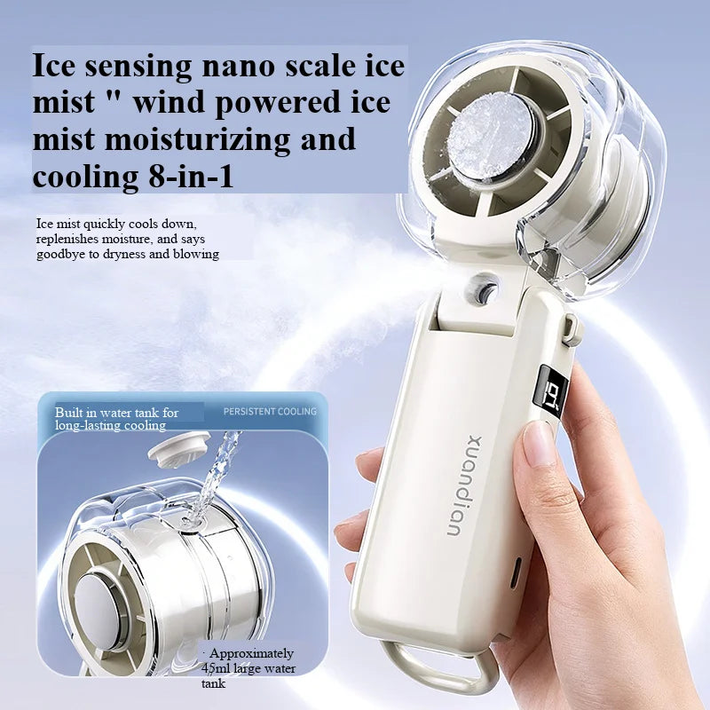 2026 New High-Speed Fan Desktop Folding Digital Display Neck-Hanging Ice Spray Humidifying Mini Handheld Small Fan Cool Stuff