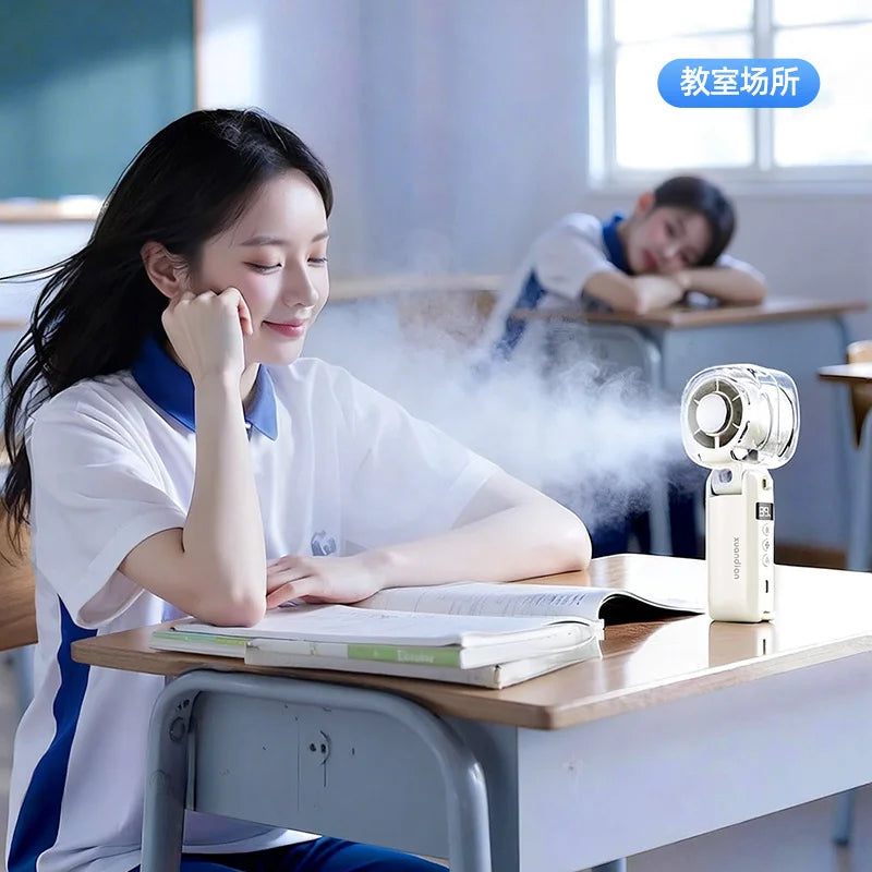 2026 New High-Speed Fan Desktop Folding Digital Display Neck-Hanging Ice Spray Humidifying Mini Handheld Small Fan Cool Stuff