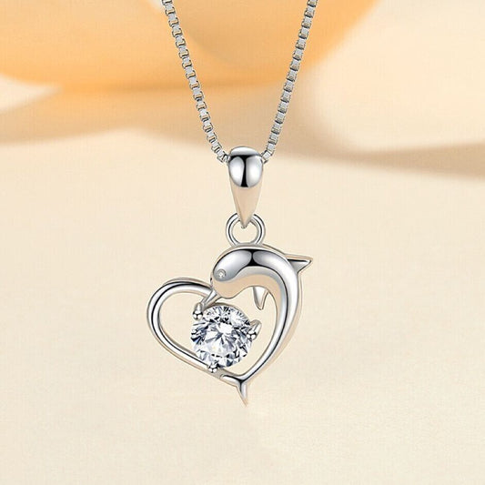 925 Silver Crystal Dolphin Heart Necklace