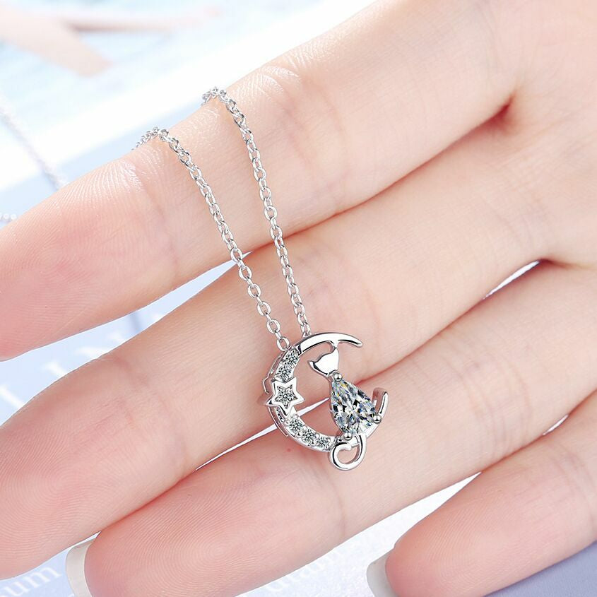 925 Silver Crystal Moon Cat Necklace