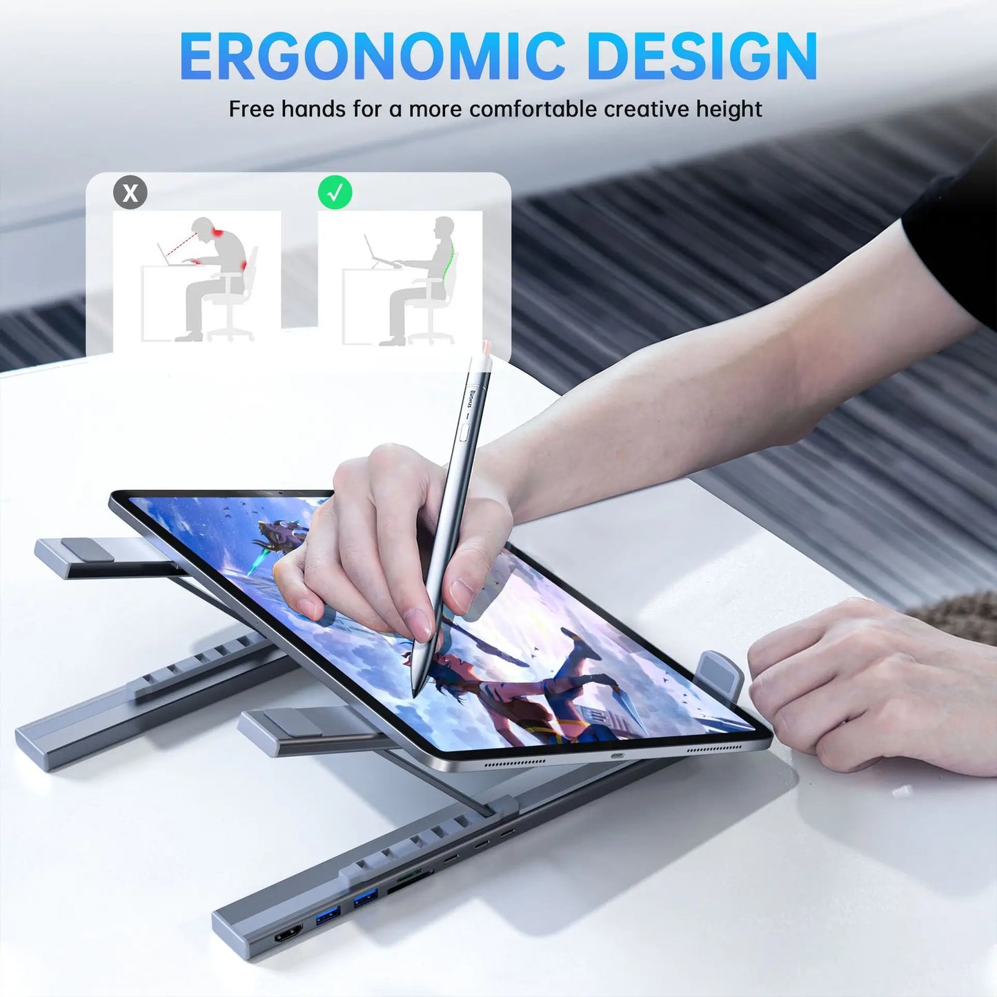 USB C Laptop Stand Docking Station with 7-In-1 HUB USB3.0 4K HDMI SD TF Card Reader Aluminium Adjustable Bracket for PC Notebook