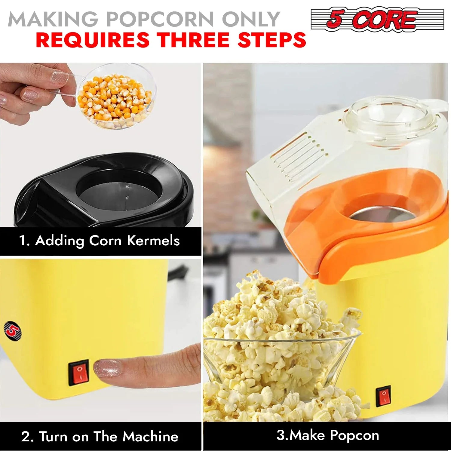 5Core 16-Cup Hot Air Popcorn Maker (Yellow)