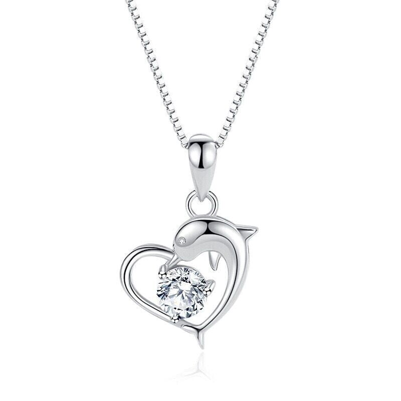 925 Silver Crystal Dolphin Heart Necklace