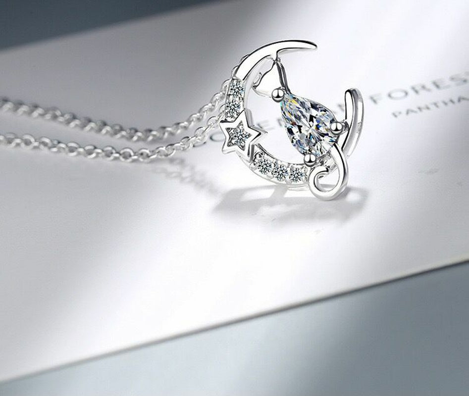 925 Silver Crystal Moon Cat Necklace