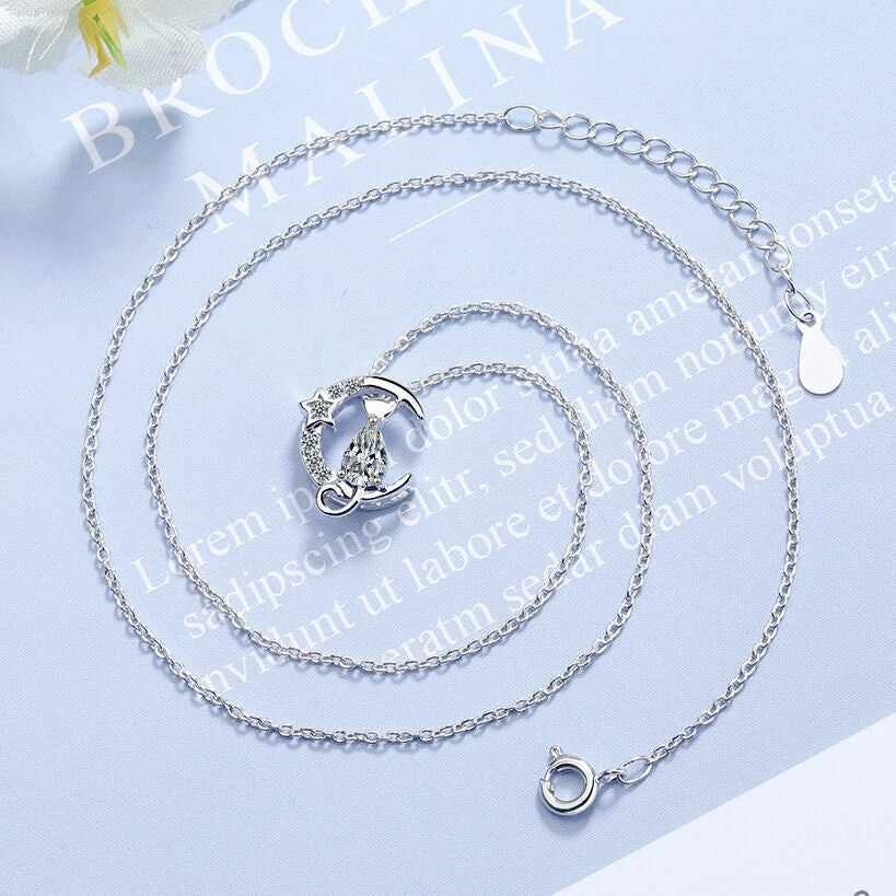 925 Silver Crystal Moon Cat Necklace