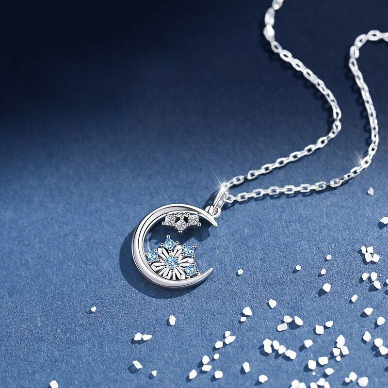 925 Silver Crystal Snowflake Moon Necklace