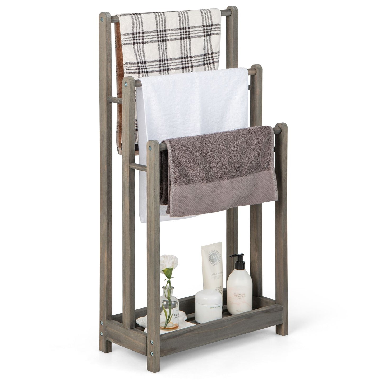 Freestanding Wood Towel Rack with Shelf