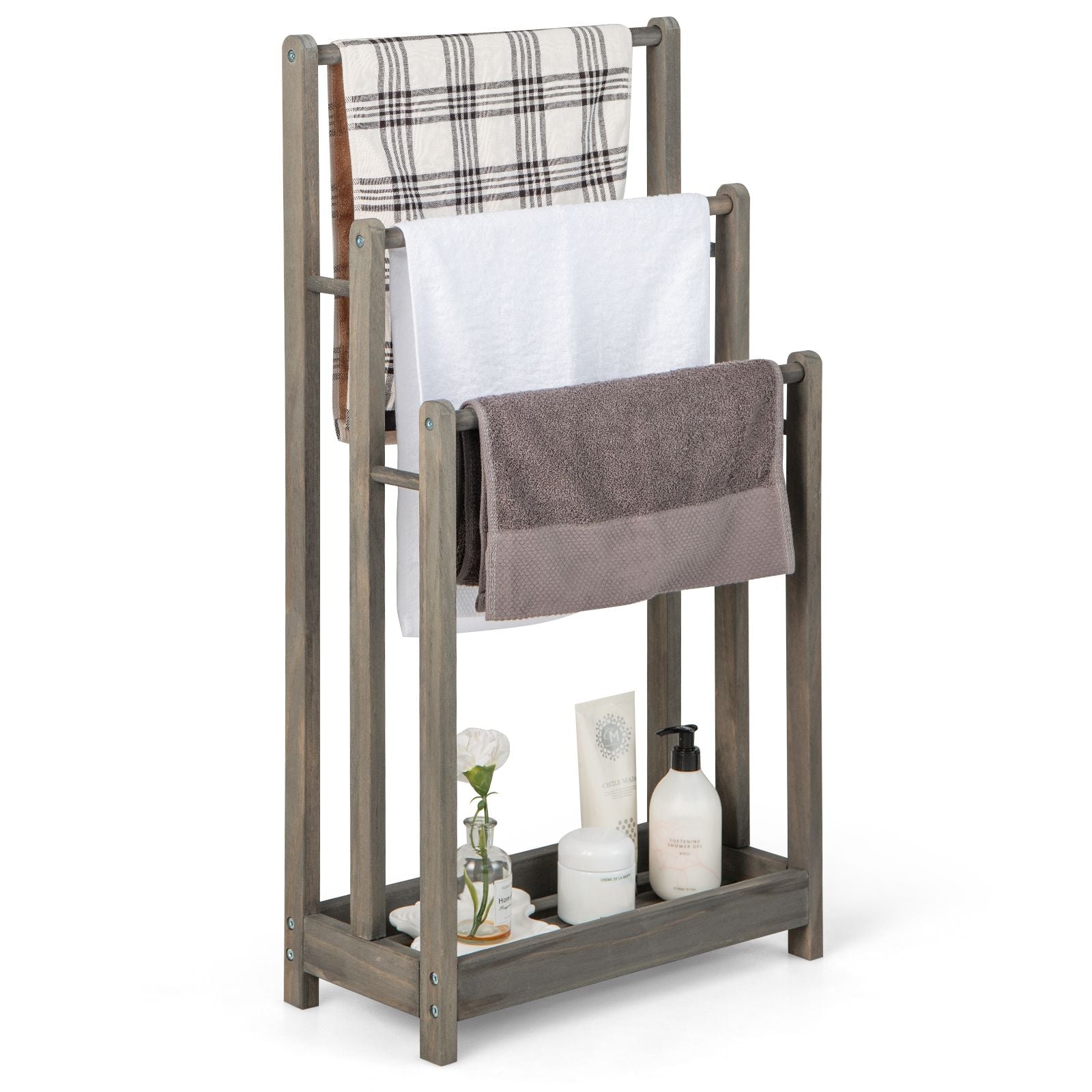 Freestanding Wood Towel Rack with Shelf